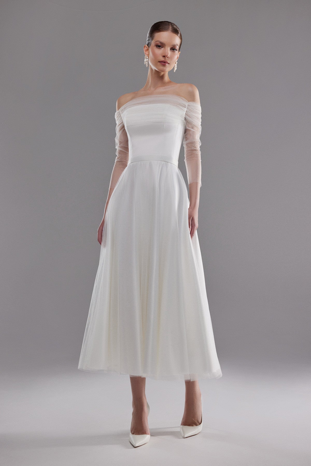Tulle Midi Wedding Dress Millie Long Sleeve Romantic Off-Shoulder A-Line Bridal Gown