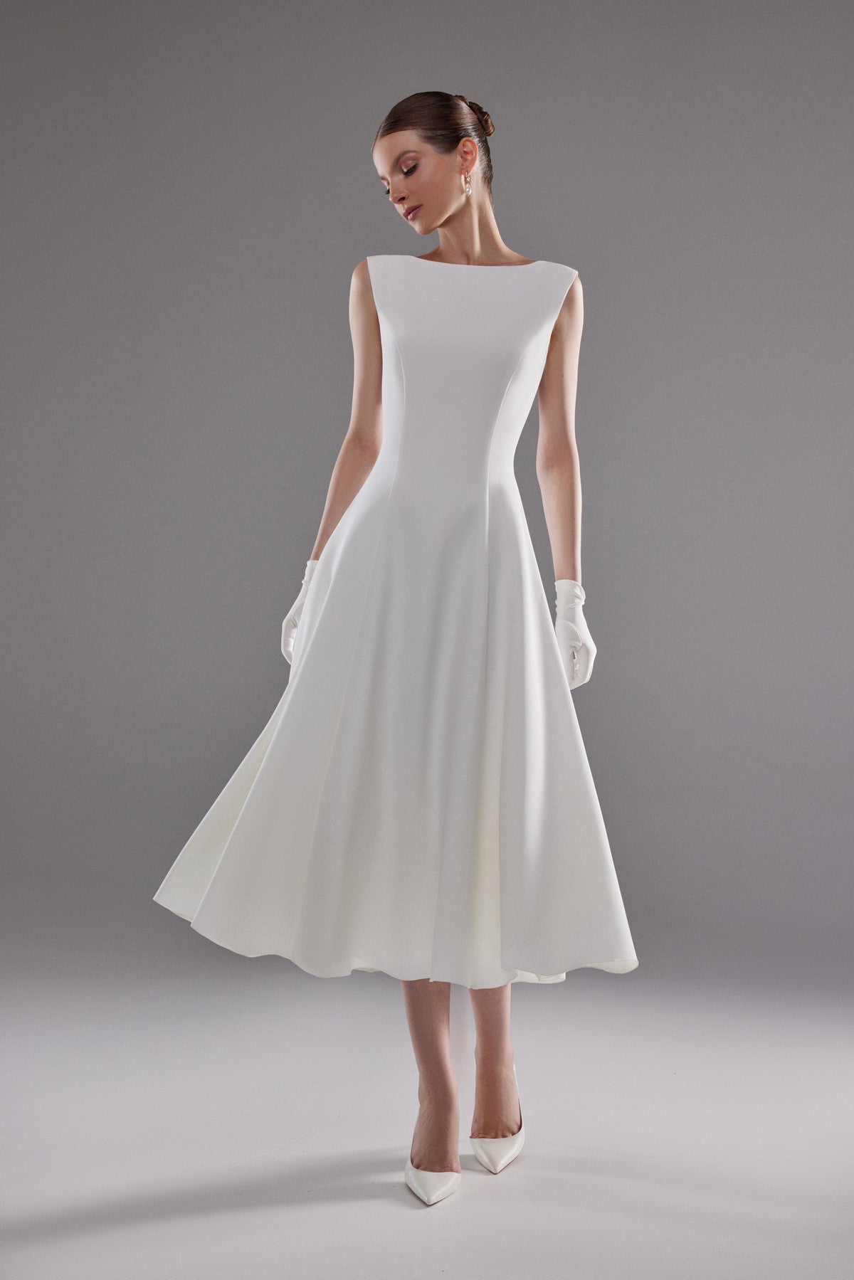 Minimalist Tea-Length White Crepe Wedding Dress Stacy | Civil Wedding Dress Custom (14-18 US, 46-50 EU) / Ivory Minimalist Tea-Length White Crepe Wedding Dress Stacy | Civil Wedding Dress Custom (14-18 US, 46-50 EU) / Ivory
