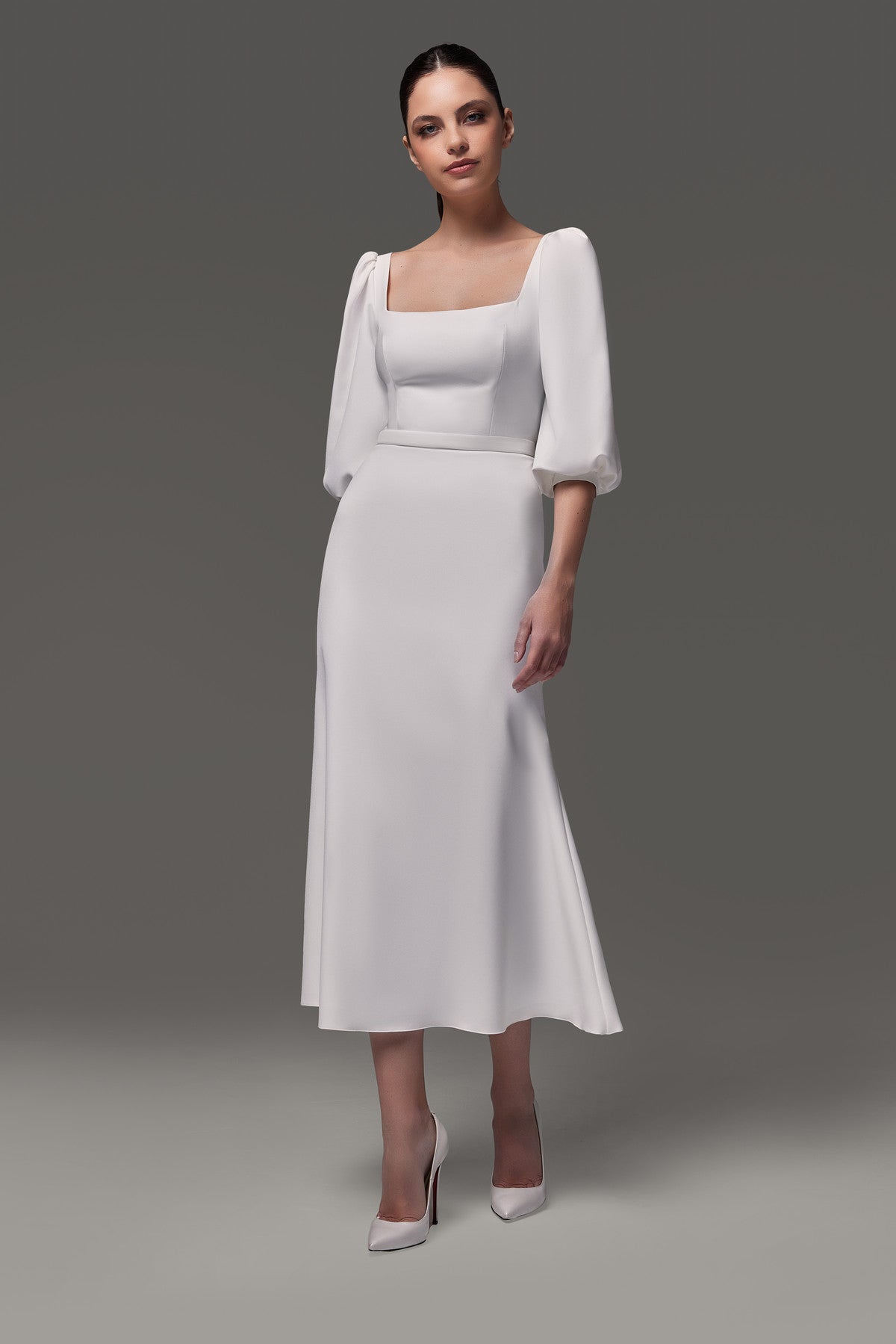 Midi Square Neck Wedding Dress With Bishop Sleeves Tilda Ready to Ship / White / 8 US (40 EU) Midi Square Neck Wedding Dress With Bishop Sleeves Tilda Ready to Ship / White / 8 US (40 EU)