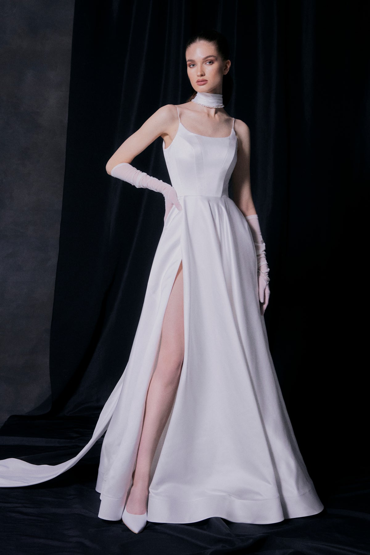satin slit wedding dress Modern White Strapless Satin High Slit Mermaid Wedding Dress with Scarf SW219