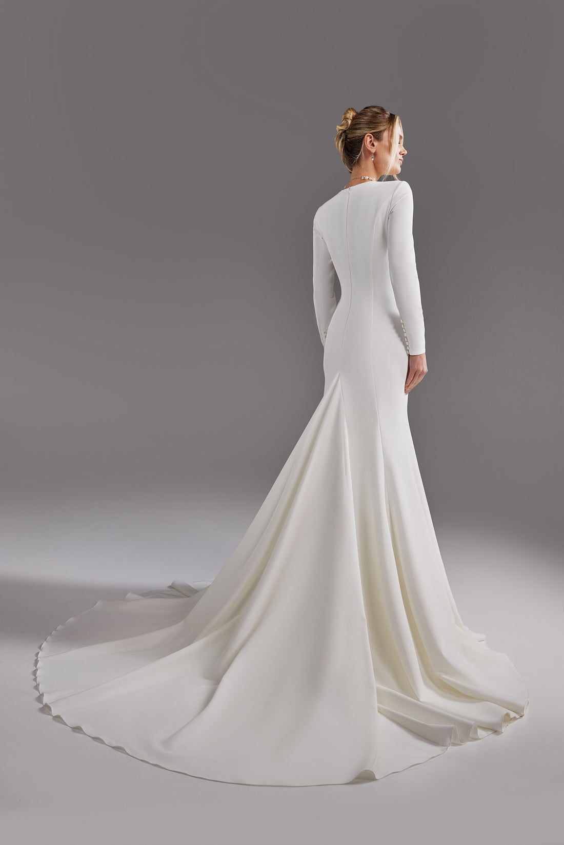 Modest Crepe Long Sleeve Wedding Dress Odetta With Chapel Train