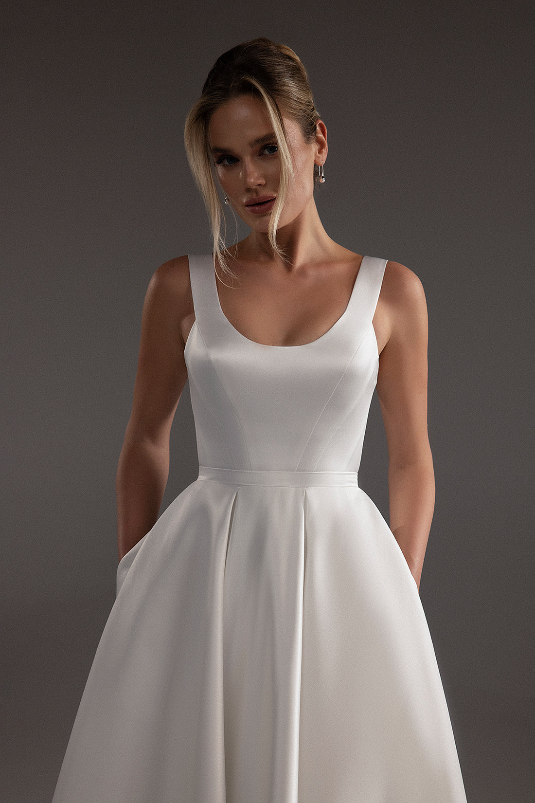Tea Length Satin Wedding Dress With Scoop Neckline Barbara Midi