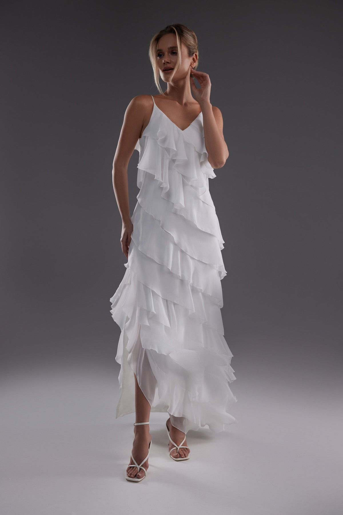 Simple Chiffon Sheath Open Back Wedding Dress with Ruffles Susanna Custom (0-12 US, 32-44 EU) / Off-White Simple Chiffon Sheath Open Back Wedding Dress with Ruffles Susanna Custom (0-12 US, 32-44 EU) / Off-White