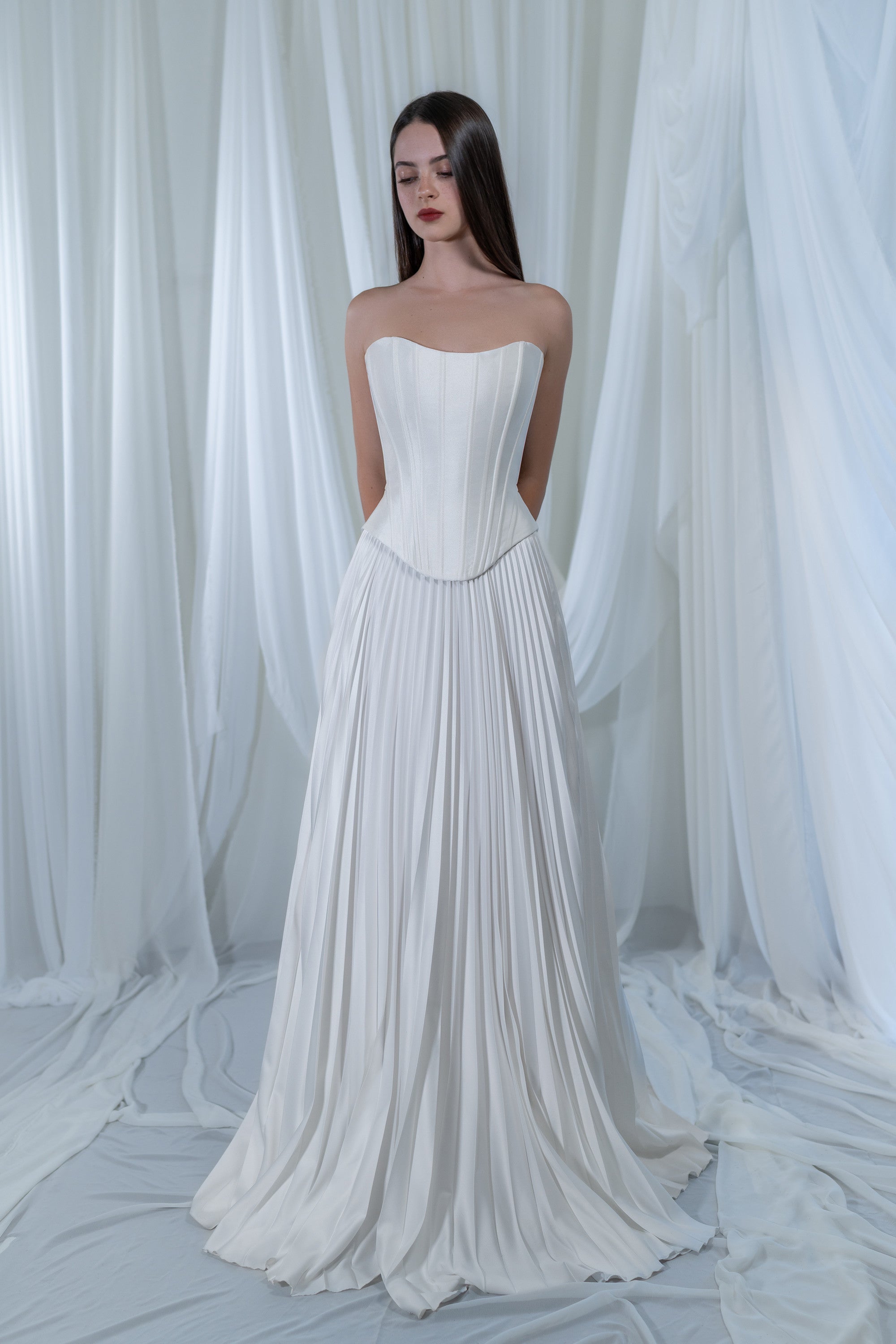 Flowy Ethereal Two Piece Wedding Dress Ellora | Pleated Silk Skirt & Mikado Strapless Corset 12 US (44 EU) / Off-white Flowy Ethereal Two Piece Wedding Dress Ellora | Pleated Silk Skirt & Mikado Strapless Corset 12 US (44 EU) / Off-white