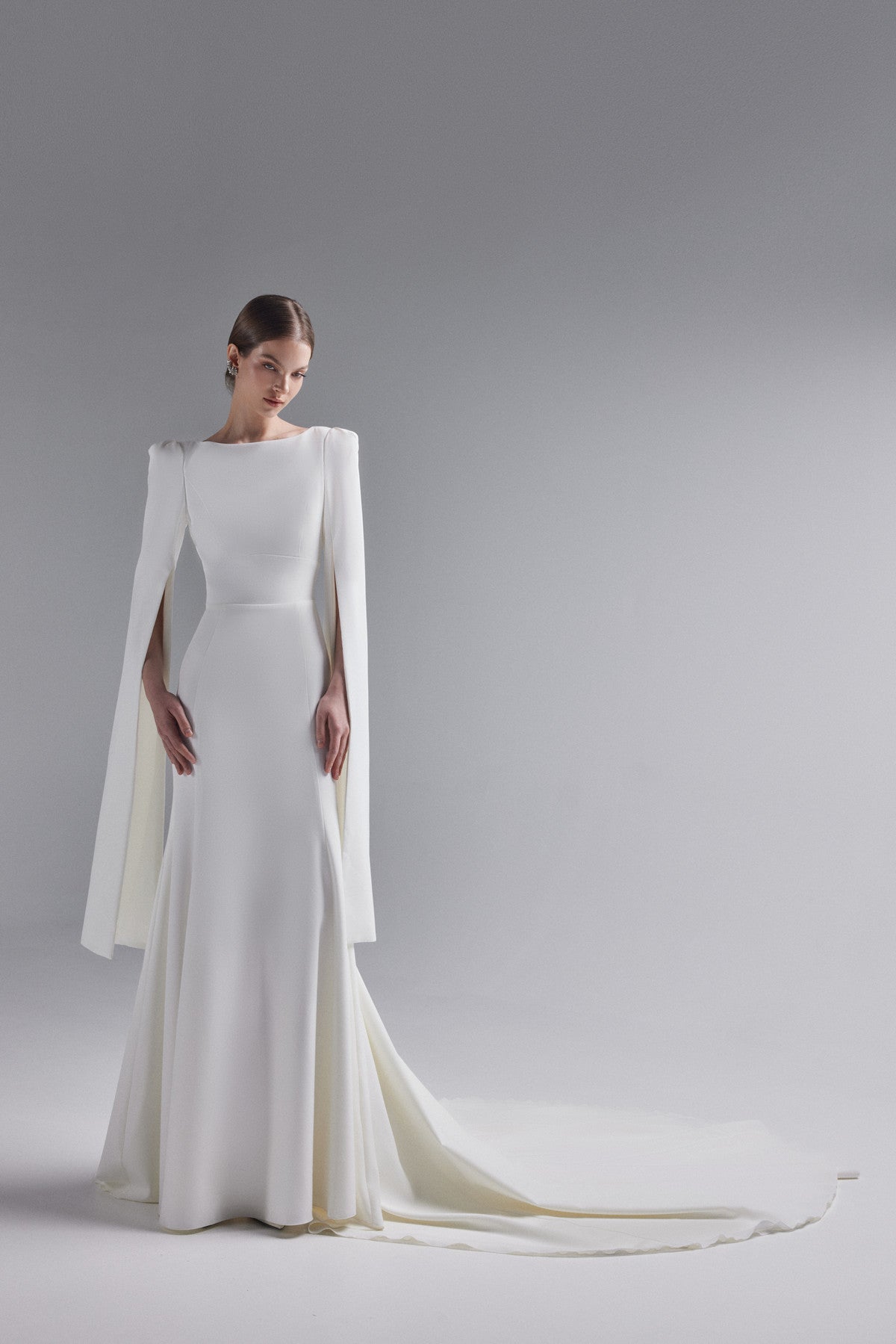 Crepe fit flare wedding dress with long cape sleeve Ashlee-1