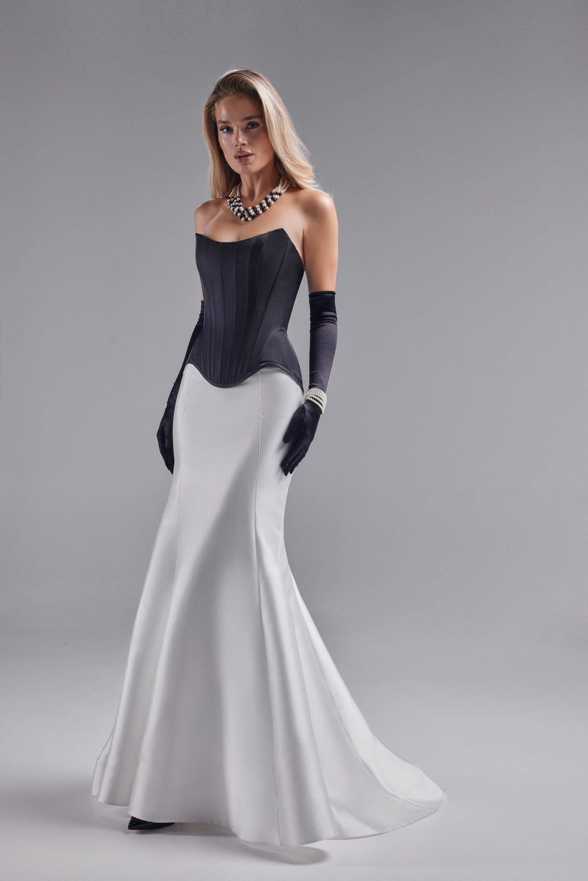Mikado Formal Two-Piece Dress Pina with Lace-up corset and Mermaid ski Mikado Formal Two-Piece Dress Pina with Lace-up corset and Mermaid ski