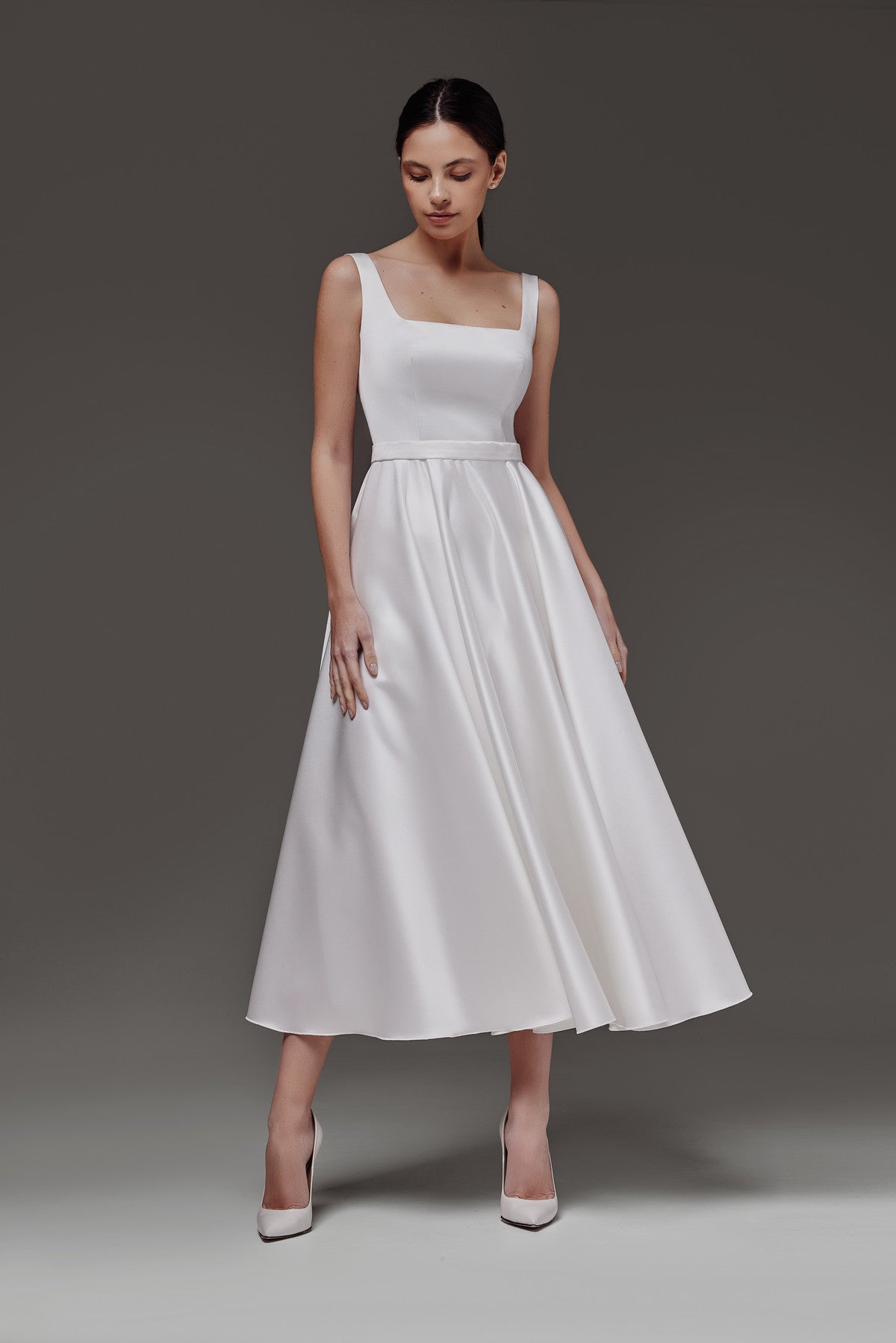 Satin Midi Wedding Dress with Square Neckline Vlada Midi 18 US (50 EU) / Ivory Satin Midi Wedding Dress with Square Neckline Vlada Midi 18 US (50 EU) / Ivory