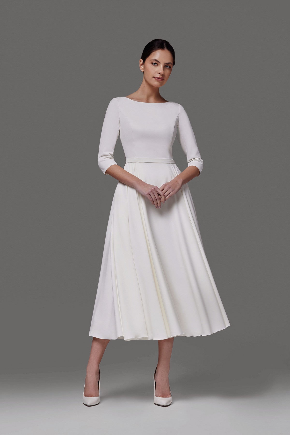Modest Crepe Wedding Dress with Three Quarter Sleeves Adri Midi Ready to Ship / White / 12 US (44 EU) Modest Crepe Wedding Dress with Three Quarter Sleeves Adri Midi Ready to Ship / White / 12 US (44 EU)