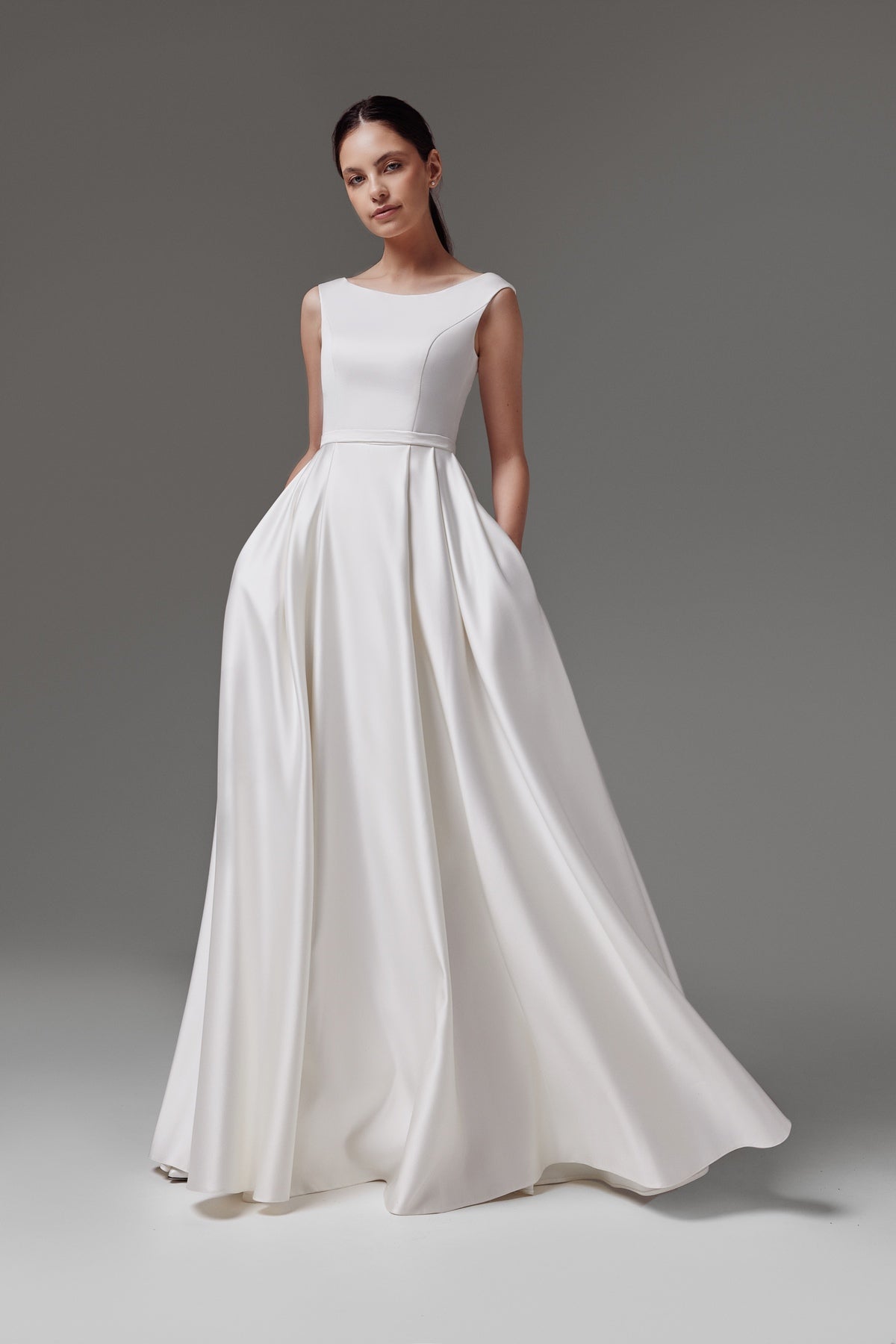 Long Satin Bridal Gown With Classy Boat Neck Brianna Made to Order / White / 16 US (48 EU) Long Satin Bridal Gown With Classy Boat Neck Brianna Made to Order / White / 16 US (48 EU)