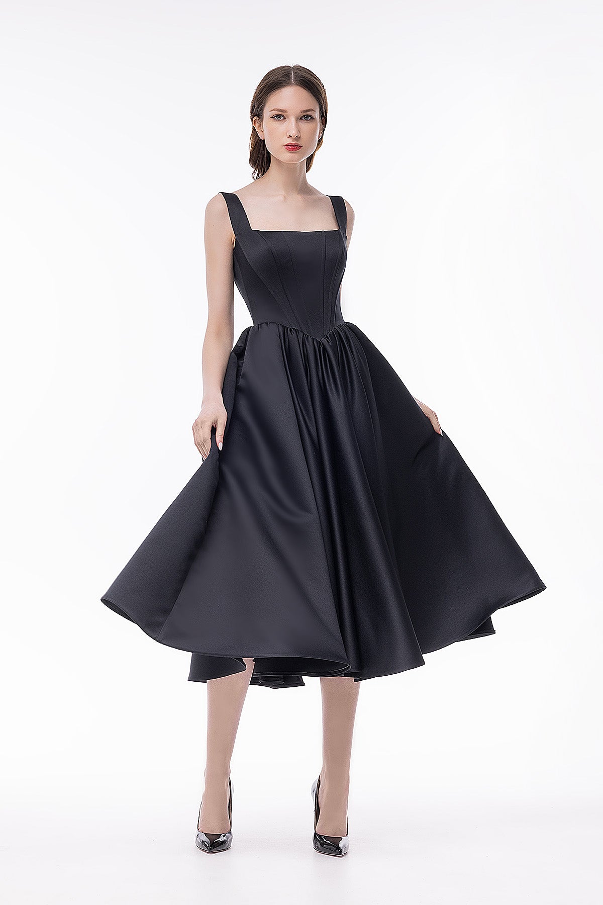 Black Satin A-line Tea Length Formal Dress Casia Black Satin A-line Tea Length Formal Dress Casia