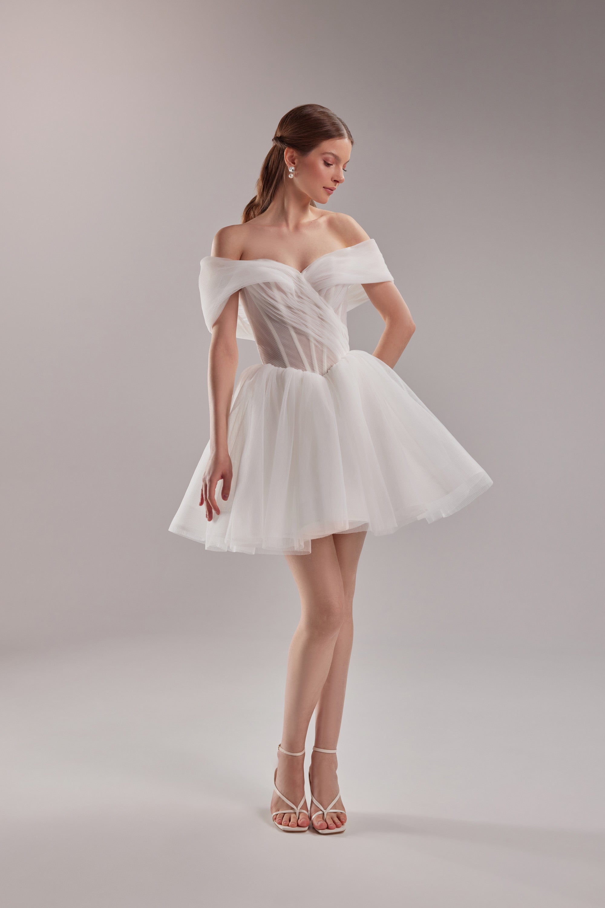Pleated Tulle Bridal Mini Dress Peach