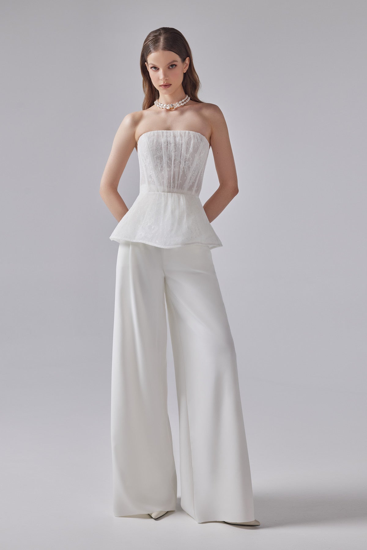 Elegant Satin Bridal Pants and Lace Drop Waist Corset Set Riki 10 US (42 EU) / Off-white Elegant Satin Bridal Pants and Lace Drop Waist Corset Set Riki 10 US (42 EU) / Off-white