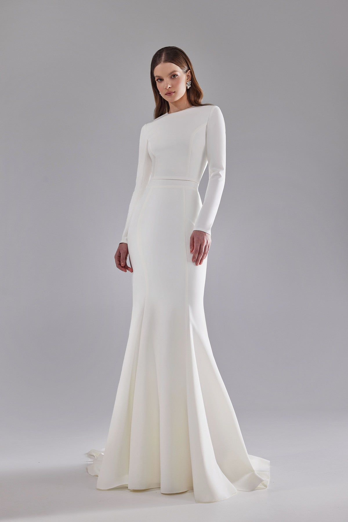 Two-Piece Crepe Fit & Flare Wedding Dress Arlette with Long Sleeve Custom (Plus Size) / Ivory Two-Piece Crepe Fit & Flare Wedding Dress Arlette with Long Sleeve Custom (Plus Size) / Ivory