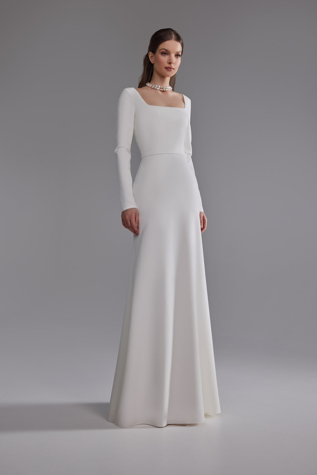 Crepe Simple Wedding dress Brittany With Square neck and Long sleeves