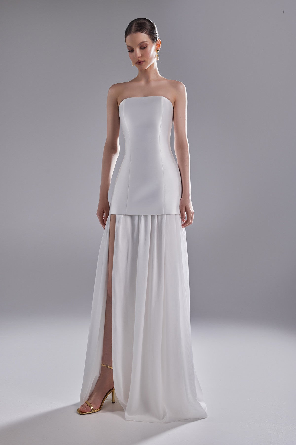 Two-piece Strapless Mikado Mini Dress Palmira With Chiffon High Slit Maxi Skirt Custom (0-12 US, 32-44 EU) / Off-white Two-piece Strapless Mikado Mini Dress Palmira With Chiffon High Slit Maxi Skirt Custom (0-12 US, 32-44 EU) / Off-white