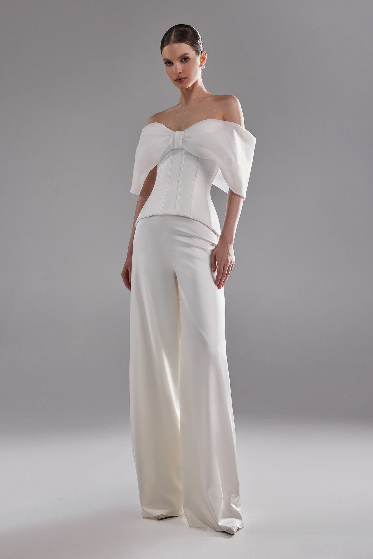 Elegant Satin Flare Leg Pants and Corset Set Simona 18 US (50 EU) / Light ivory Elegant Satin Flare Leg Pants and Corset Set Simona 18 US (50 EU) / Light ivory