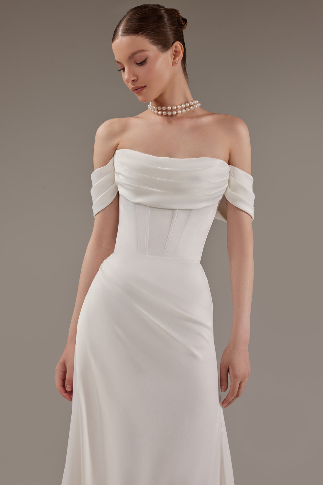 Off-the-Shoulder White Satin Wedding Dress Riley with Corset Bodice & Front Slit