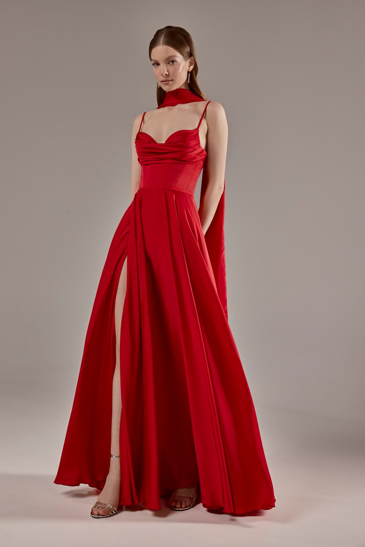 Red Silk Evening Gown Ingrid with Corset Bodice and High Slit | Elegant Formal Dress 16 US (48 EU) / Red Red Silk Evening Gown Ingrid with Corset Bodice and High Slit | Elegant Formal Dress 16 US (48 EU) / Red