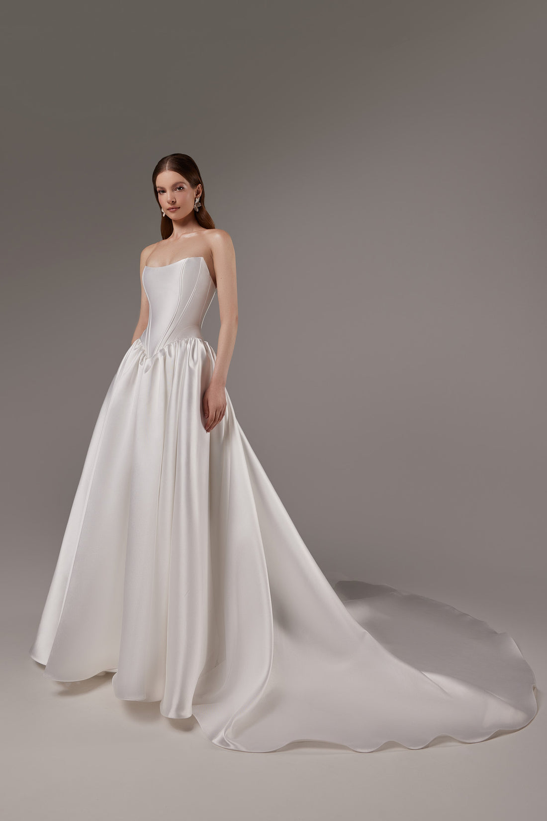 Strapless Drop Waist Mikado Wedding Dress Faith with Cathedral train