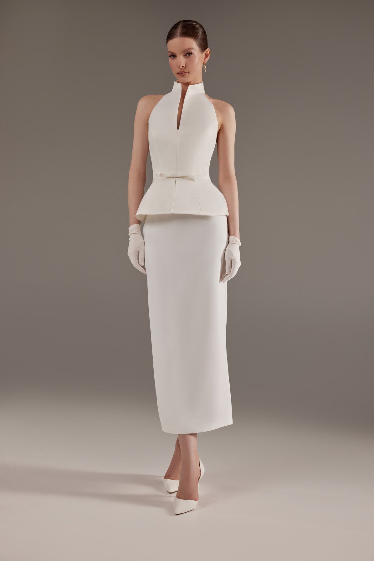 Two Piece Wedding Dress Salma | Halter Neck Peplum Corset And Satin Tea Length Skirt 4 US (36 EU) / Ivory Two Piece Wedding Dress Salma | Halter Neck Peplum Corset And Satin Tea Length Skirt 4 US (36 EU) / Ivory
