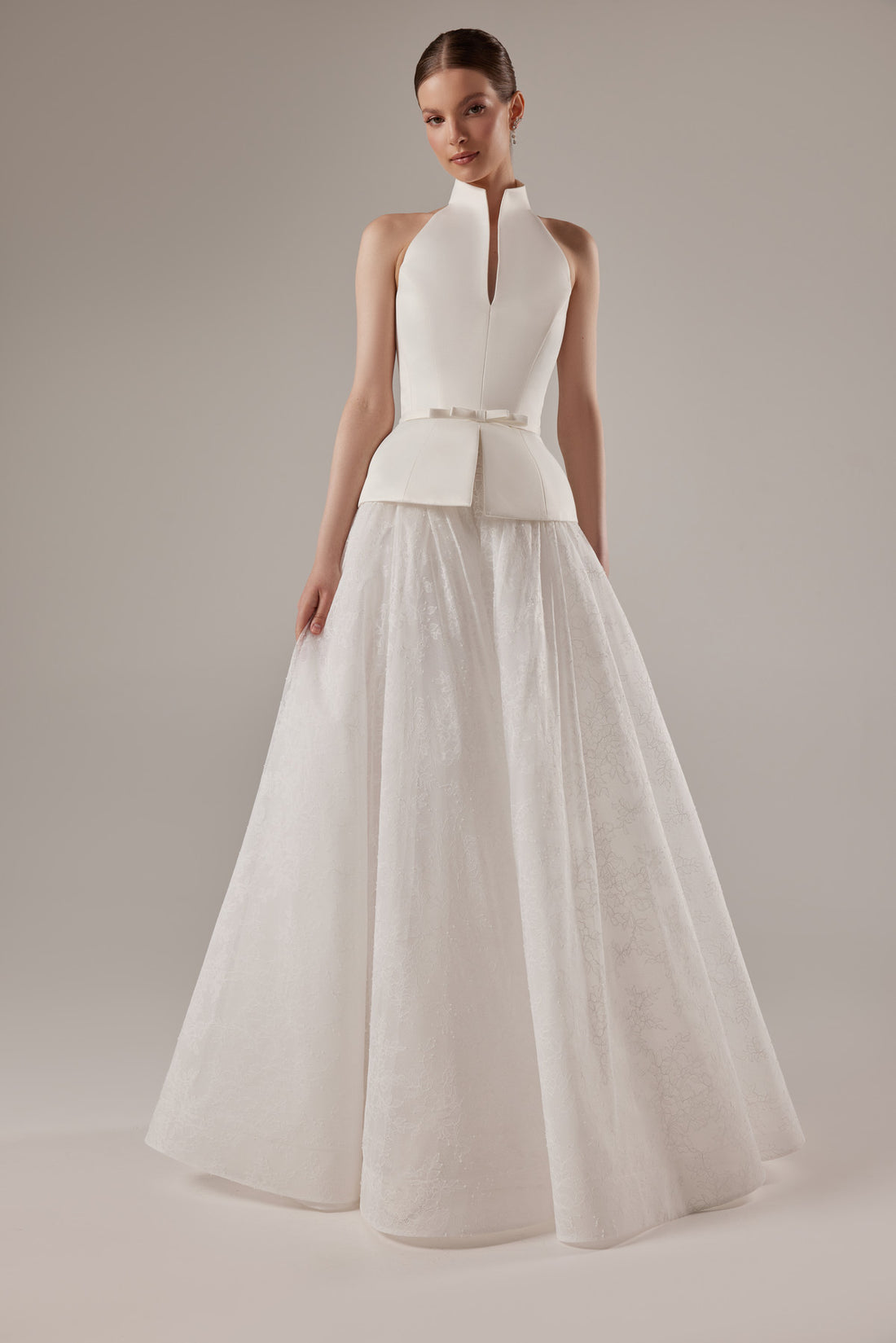 Modern Peplum Halter Wedding Dress Salma with Lace Ballgown Skirt