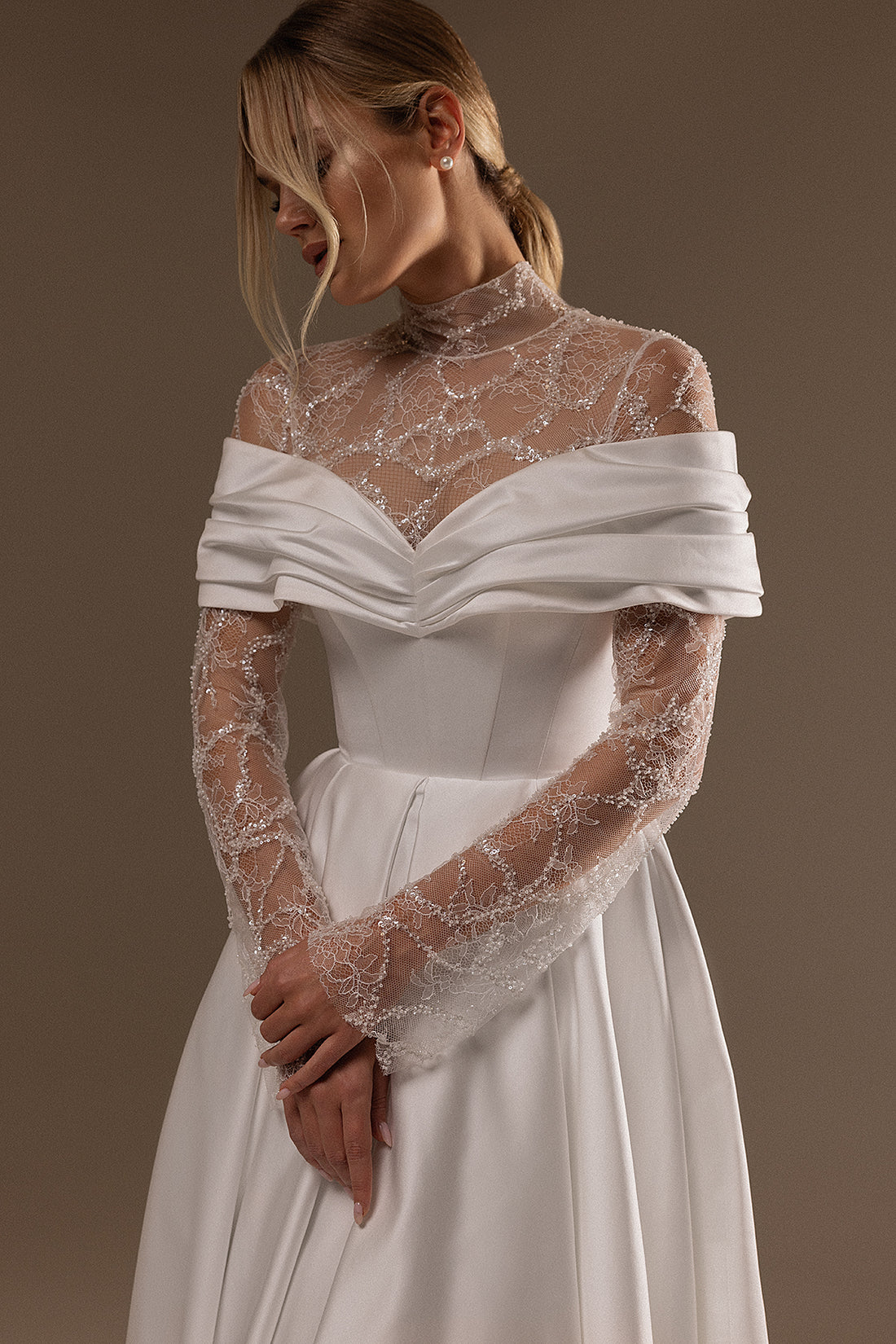 Classy Satin Wedding Dress With Long Lace Sleeves Alberta