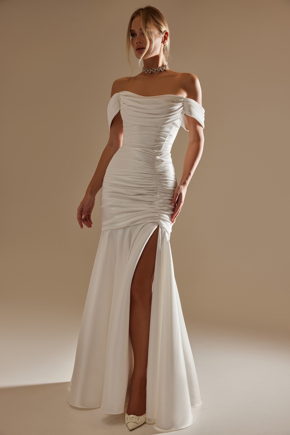 Fit & Flare Mikado Off-The-Shoulder Wedding Dress Charlize Made to Order / Off-White / 6 US (38 EU) Fit & Flare Mikado Off-The-Shoulder Wedding Dress Charlize Made to Order / Off-White / 6 US (38 EU)