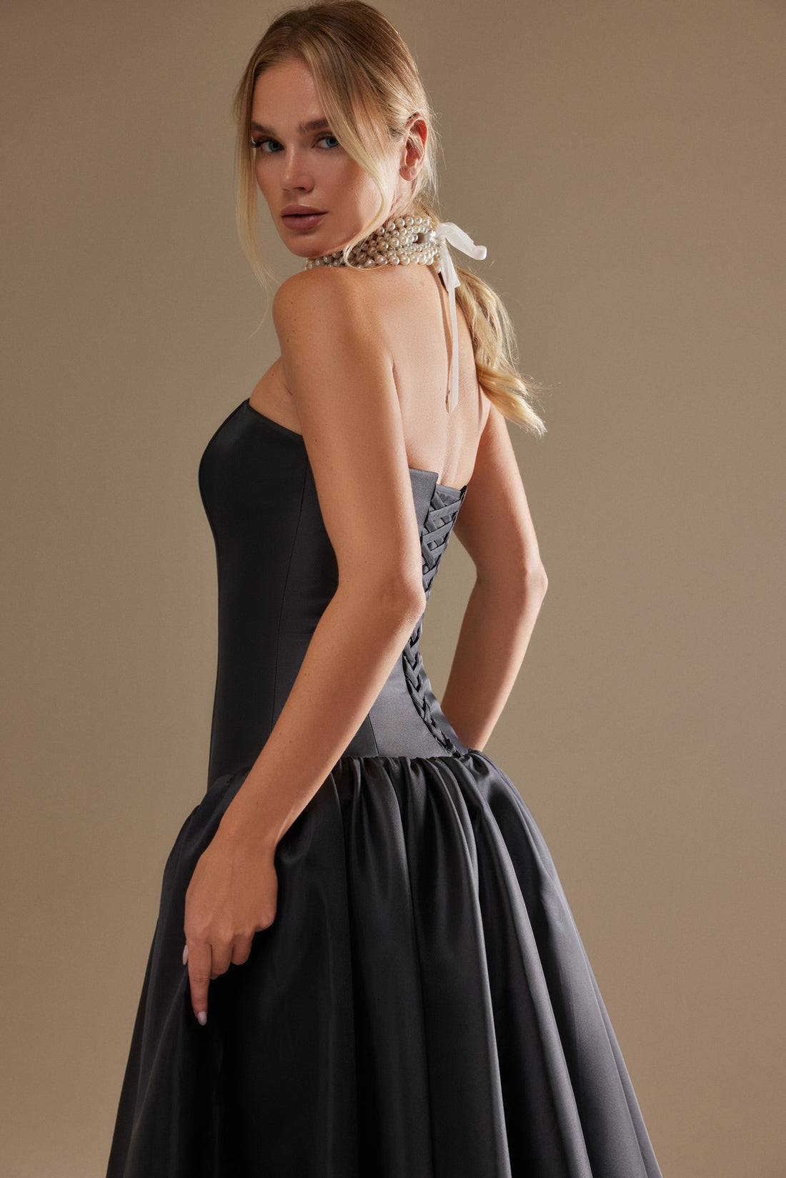 Black Strapless Drop Waist Satin Gown Francesca