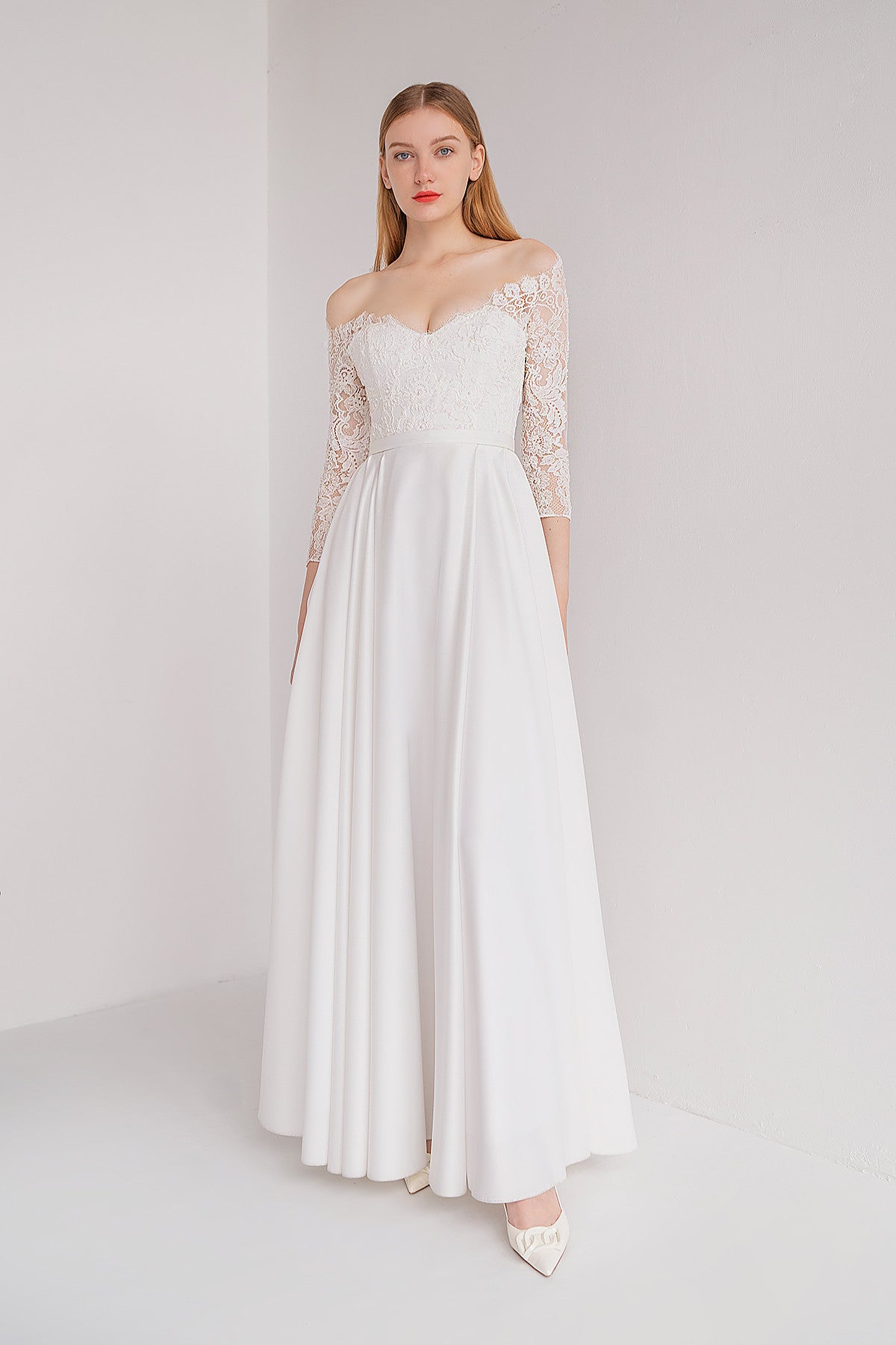 Modest A-line Satin Wedding Dress Cleo With Lace Sleeves Modest A-line Satin Wedding Dress Cleo With Lace Sleeves