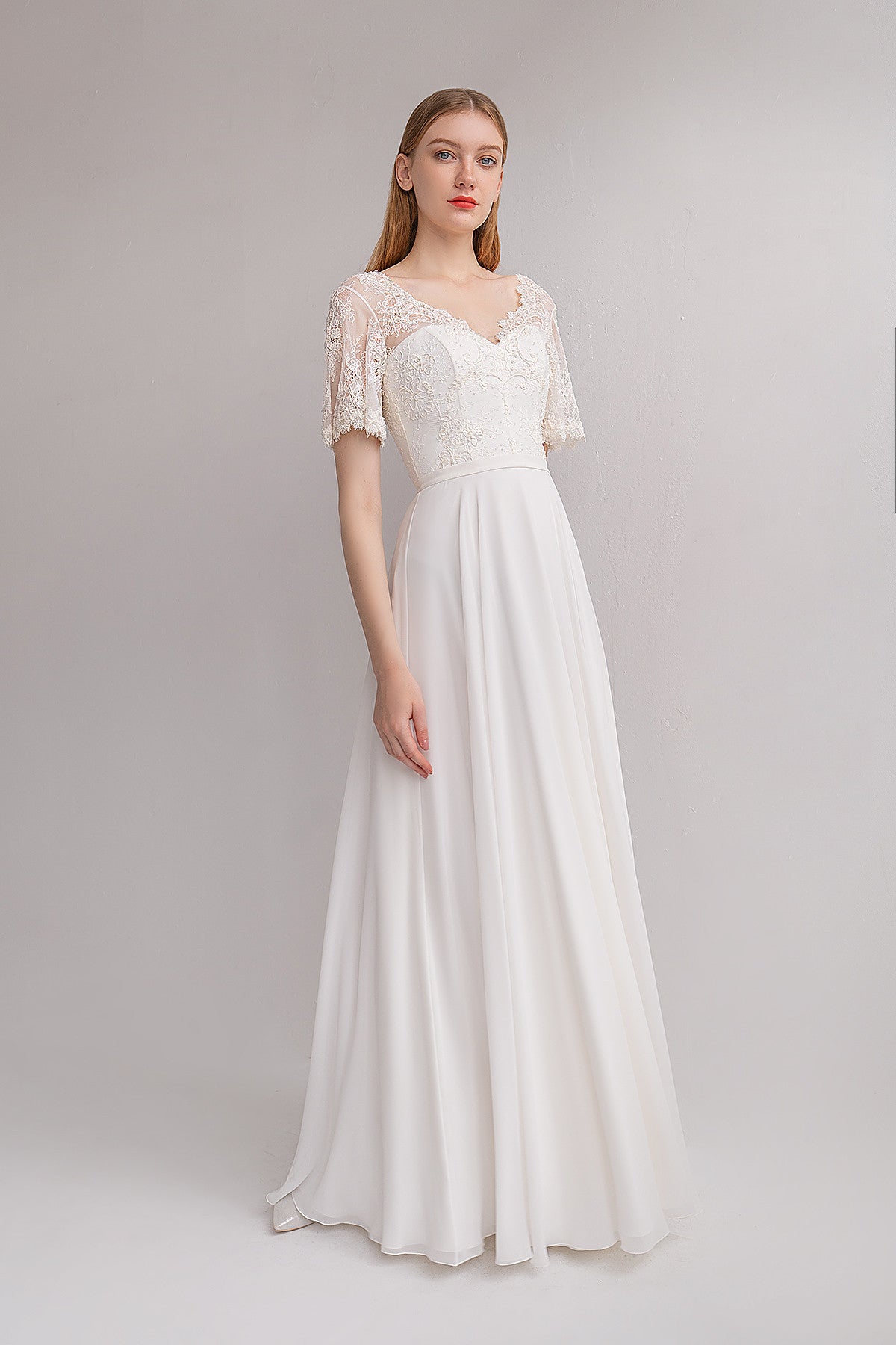 Modest A-Line Chiffon Wedding Dress Heidi with Lace Sleeves 4 US (36 EU) / Ivory Modest A-Line Chiffon Wedding Dress Heidi with Lace Sleeves 4 US (36 EU) / Ivory