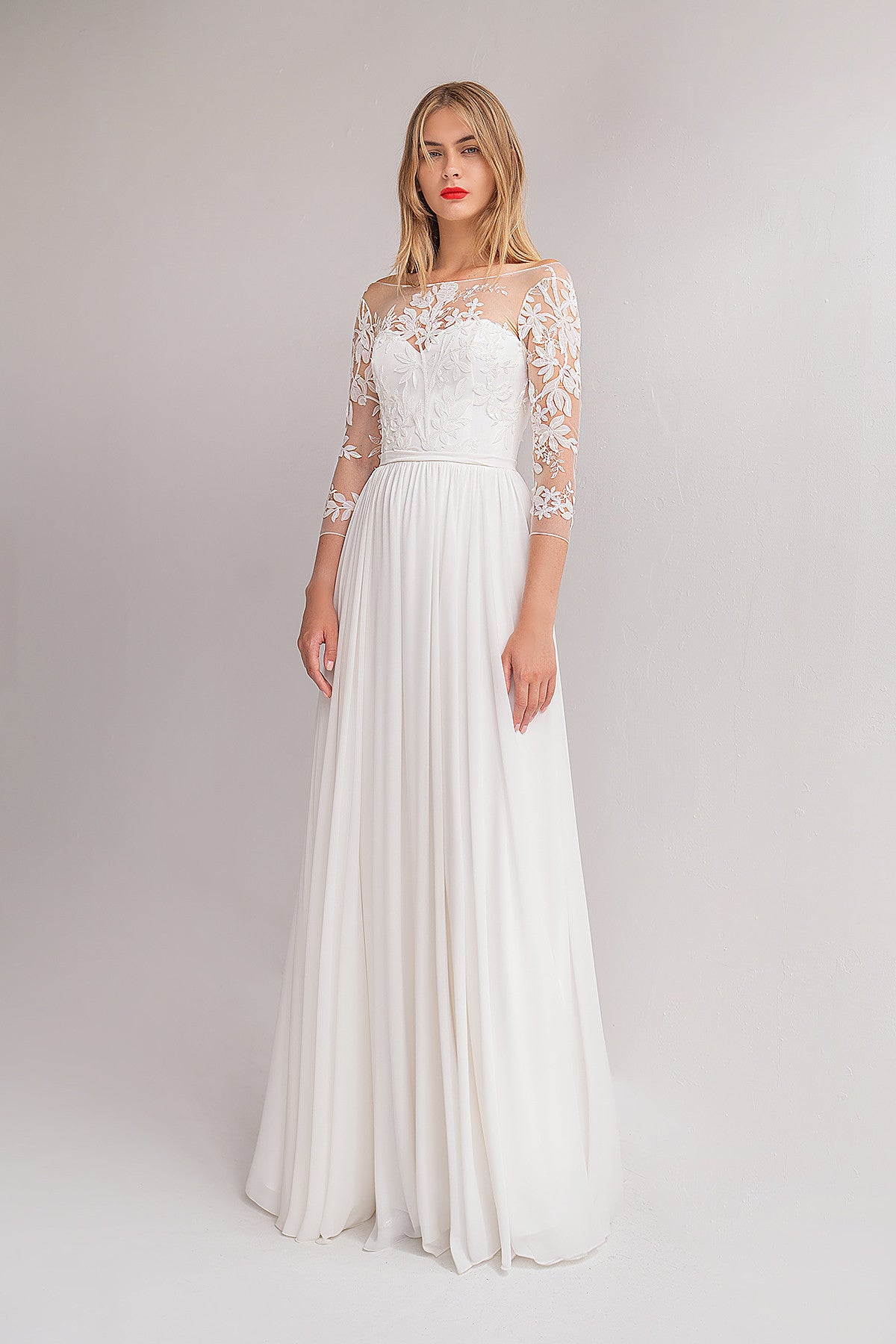 MODEST CHIFFON WEDDING DRESS LIZA WITH LACE BODICE MODEST CHIFFON WEDDING DRESS LIZA WITH LACE BODICE