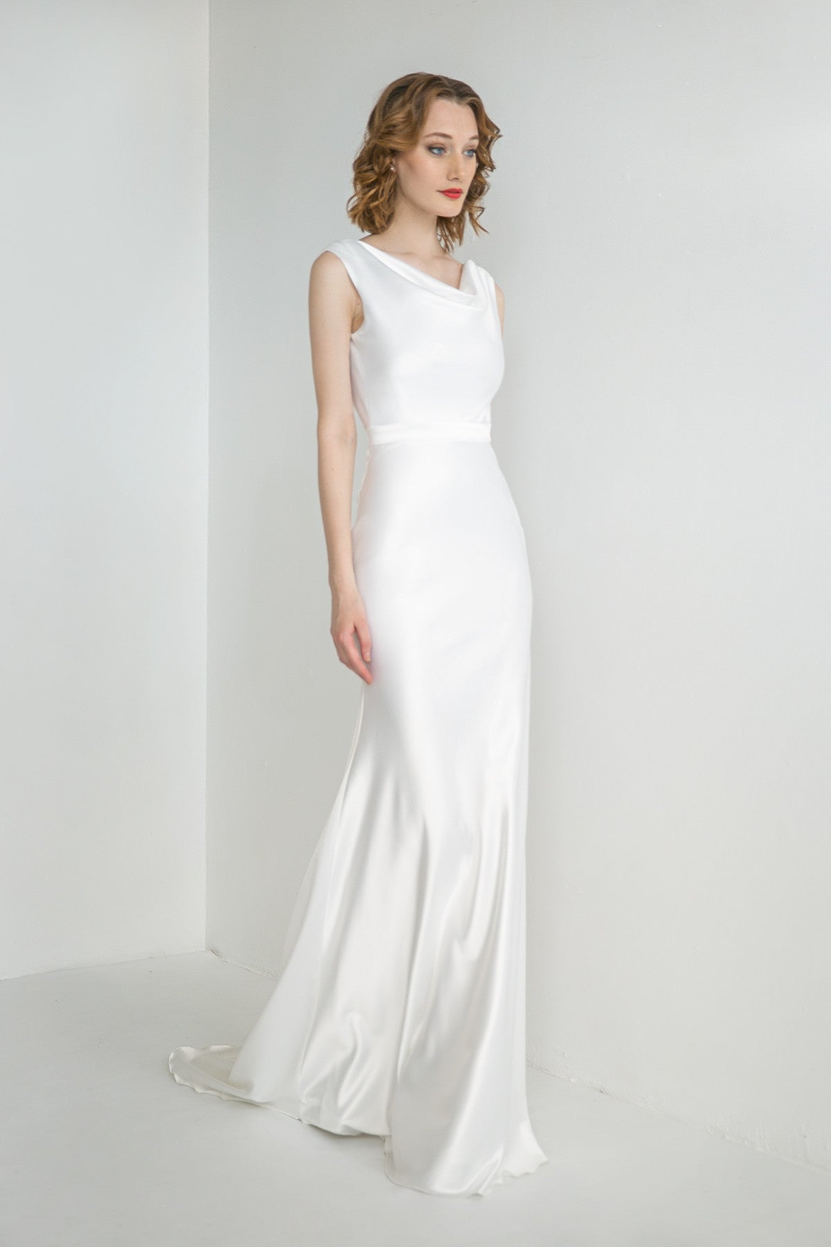 Satin Cowl Neck Wedding Dress Jillian With Chapel Train Satin Cowl Neck Wedding Dress Jillian With Chapel Train