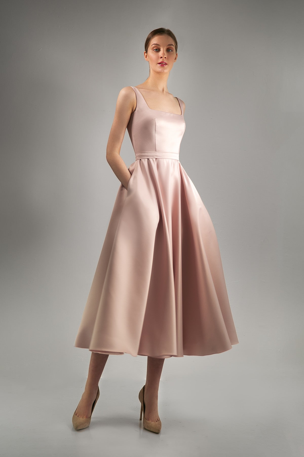 Satin Nude Square Neck Midi Wedding Dress Vlada Satin Nude Square Neck Midi Wedding Dress Vlada