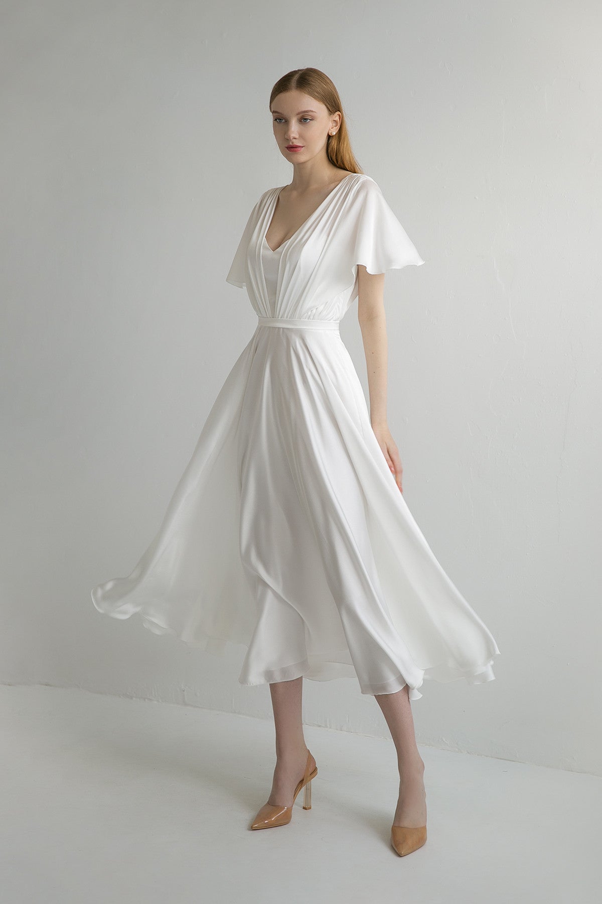 Silk Flutter Sleeve A-Line Midi Wedding Dress Daina Custom (14-18 US, 46-50 EU) / Off-White Silk Flutter Sleeve A-Line Midi Wedding Dress Daina Custom (14-18 US, 46-50 EU) / Off-White