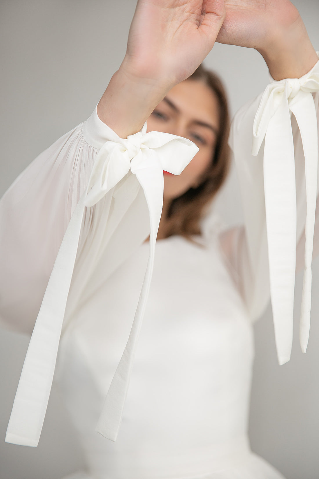 Two Piece Organza Wedding Dress Filici Mini With Long Sleeve Blouse