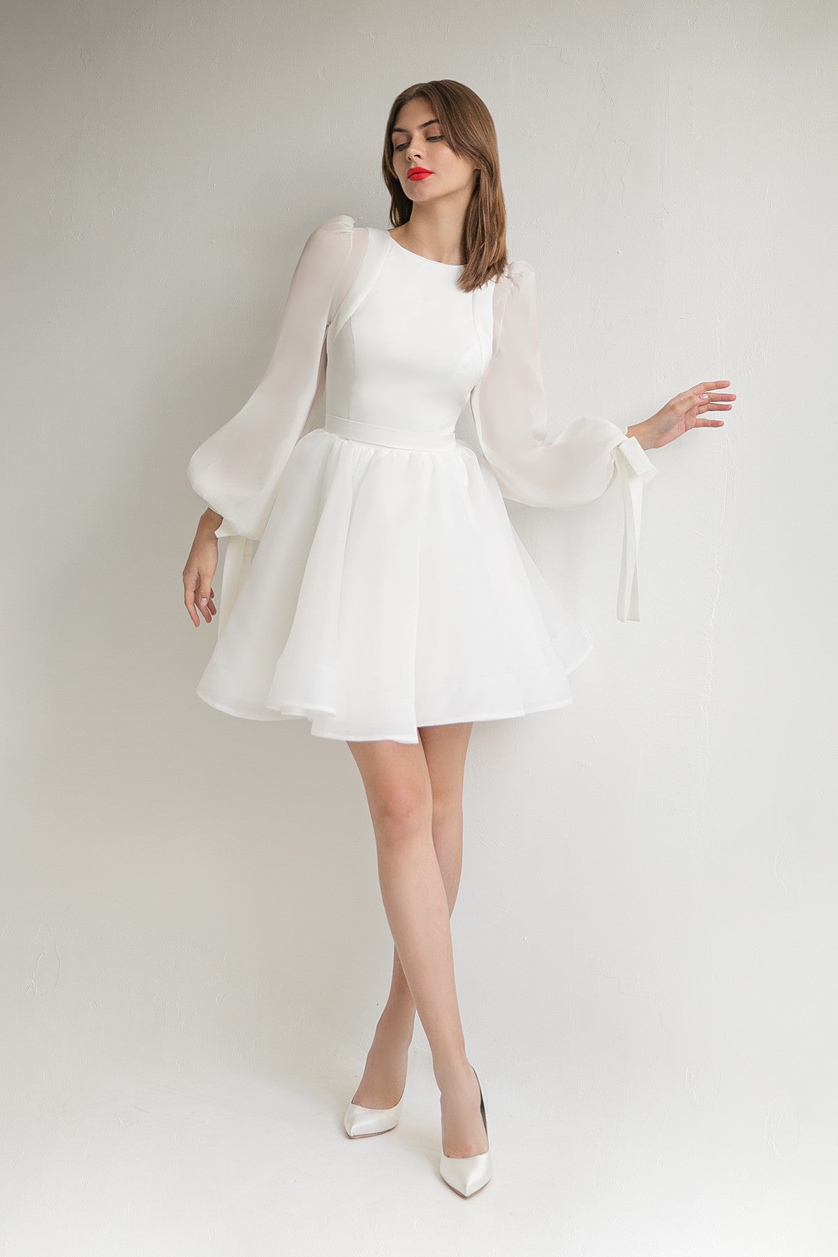 Two Piece Organza Wedding Dress Filici Mini With Long Sleeve Blouse Custom (Plus Size) / Off-white Two Piece Organza Wedding Dress Filici Mini With Long Sleeve Blouse Custom (Plus Size) / Off-white