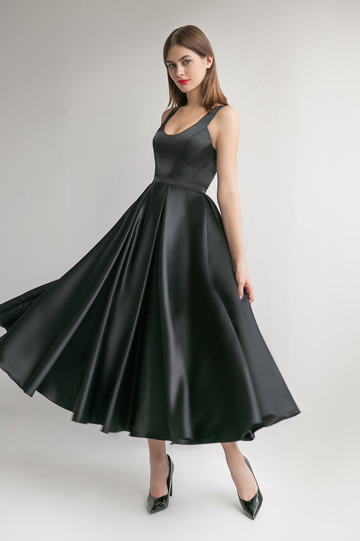 black midi dresses with long sleeves Wedding Guest Dress Half and Pleated V-Neck This dress is made from thick satin Black Wedding Guest Dresses |