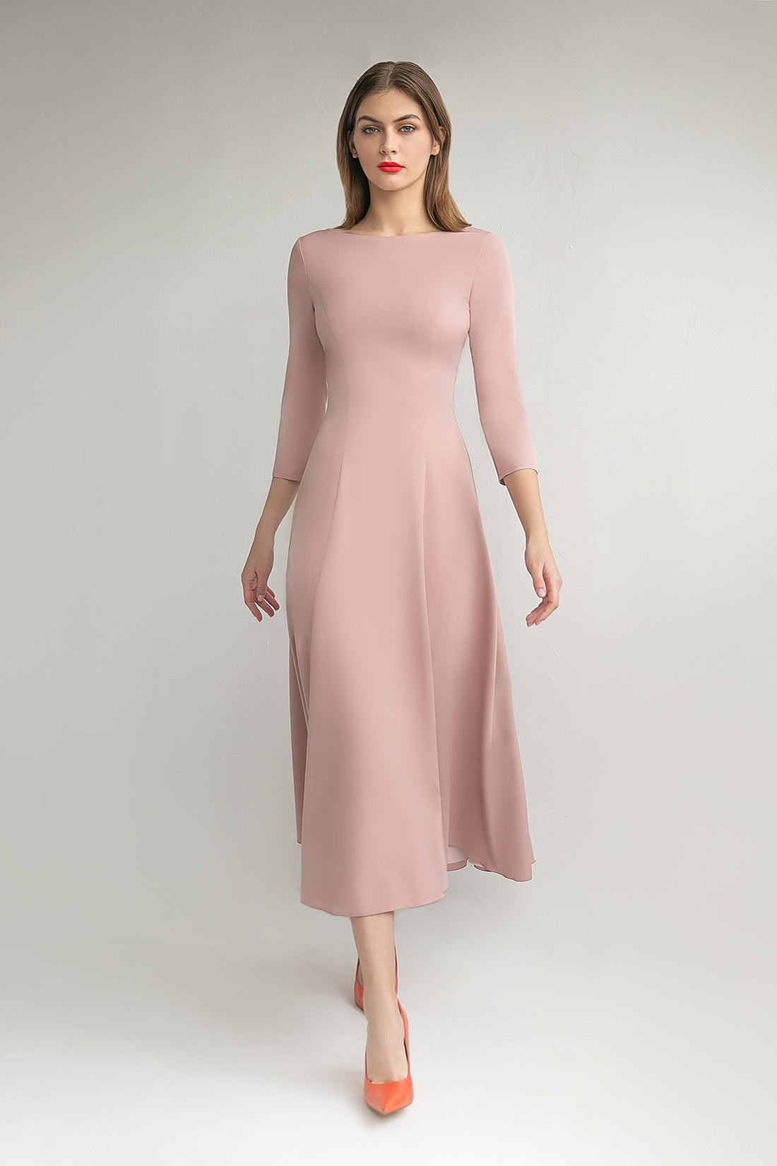Crepe Modest Tea Length High Neck Dress Stacy With Half Sleeve