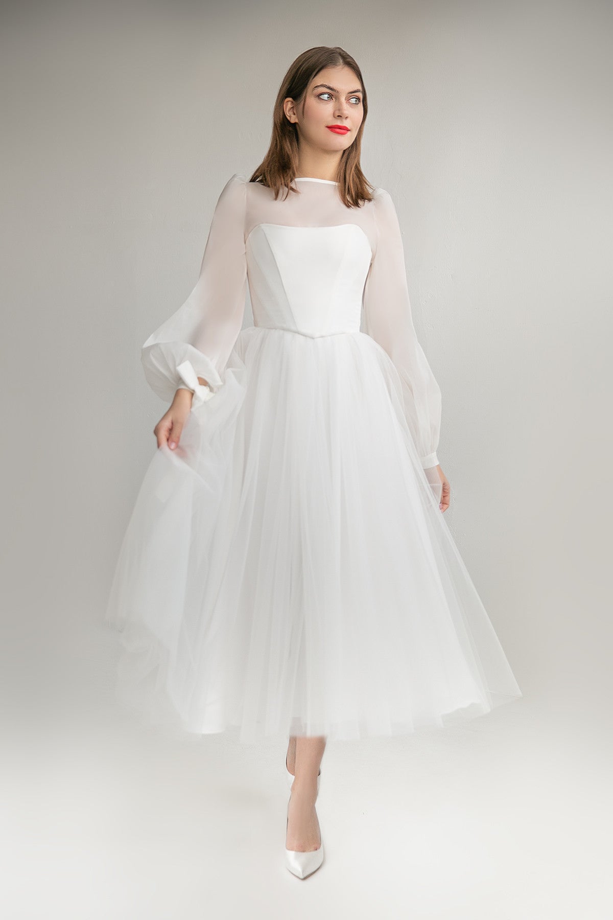 A-line Midi Wedding Dress Adele With Long Sleeves and Lace-up Corset 10 US (42 EU) / Off-white A-line Midi Wedding Dress Adele With Long Sleeves and Lace-up Corset 10 US (42 EU) / Off-white