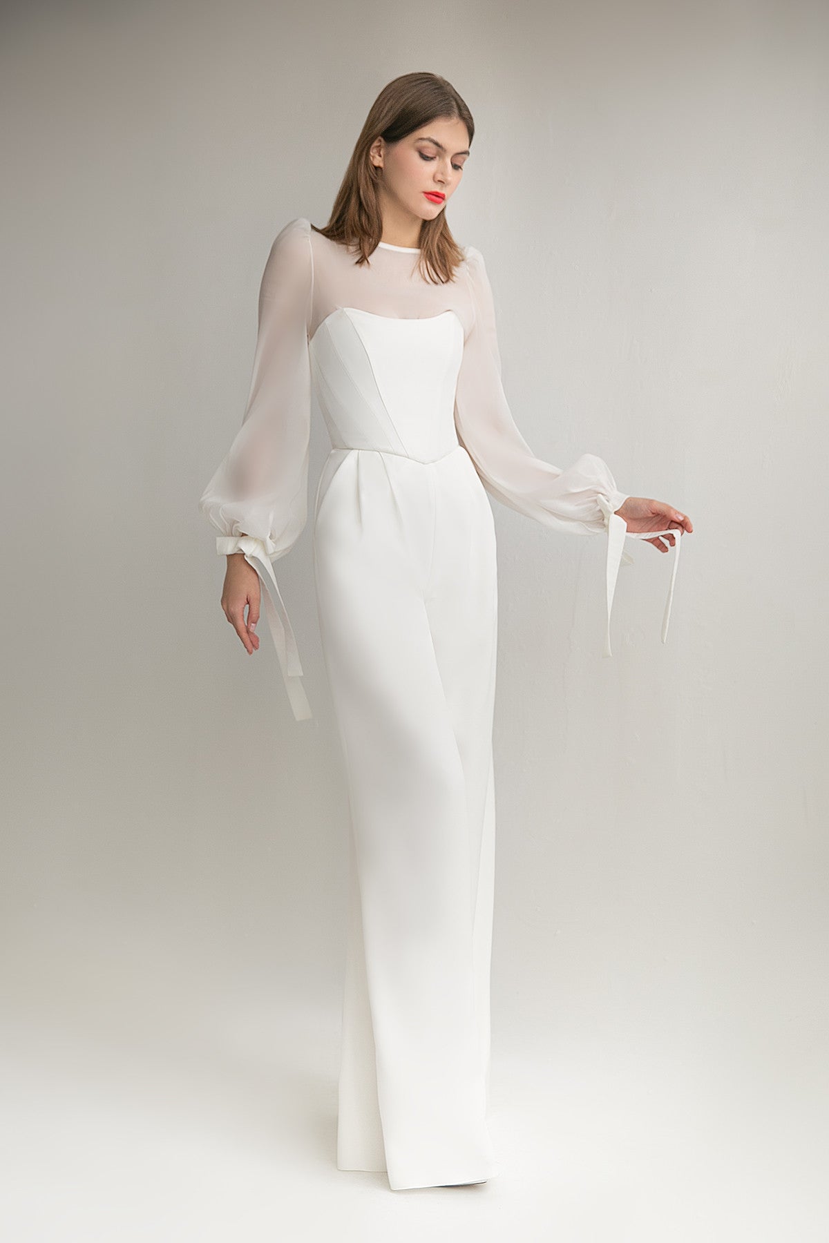 Modern Bridal Outfit Wedding Suit With Palazzo Pants And Sleeves Alex 10 US (42 EU) / Ivory Modern Bridal Outfit Wedding Suit With Palazzo Pants And Sleeves Alex 10 US (42 EU) / Ivory