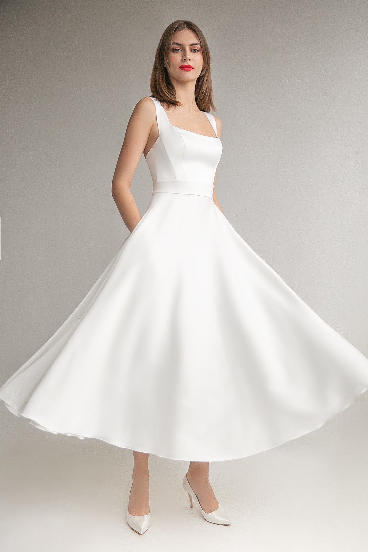Satin A-line Silhouette Midi Wedding Dress Mila 18 US (50 EU) / White Satin A-line Silhouette Midi Wedding Dress Mila 18 US (50 EU) / White
