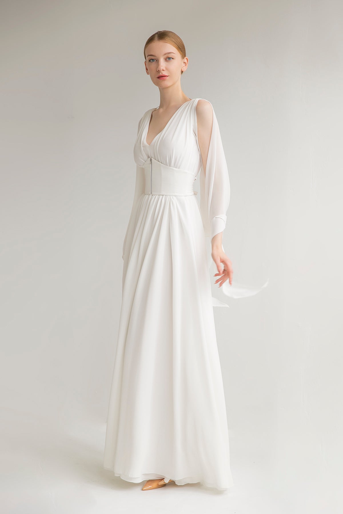 chiffon low back wedding dress 66231: Chiffon A-Line Bridal Dress with Low Back and Beaded 3D Appliqus