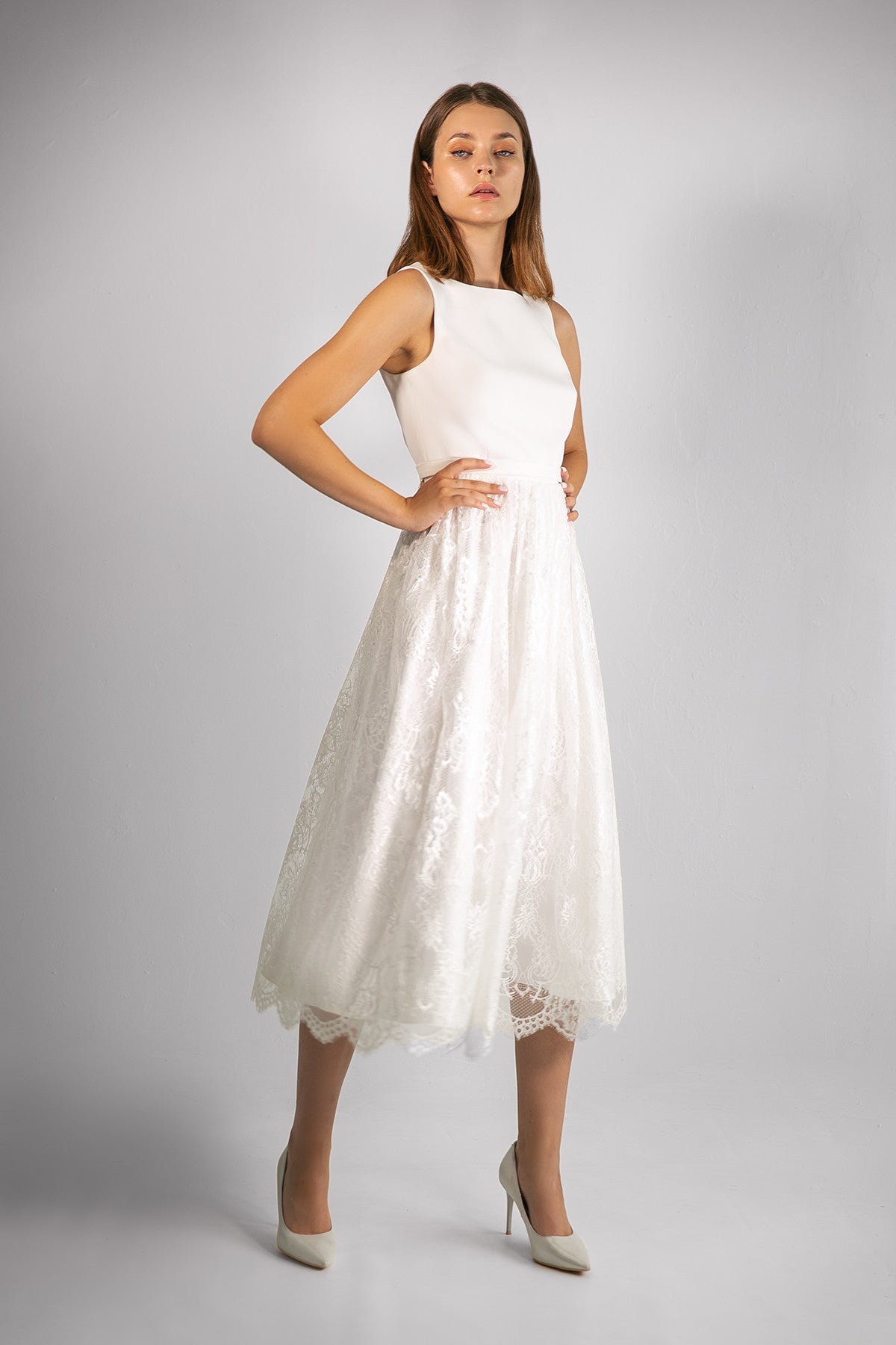 Modest Satin Midi Dress Lynn WIth Lace Skirt Modest Satin Midi Dress Lynn WIth Lace Skirt