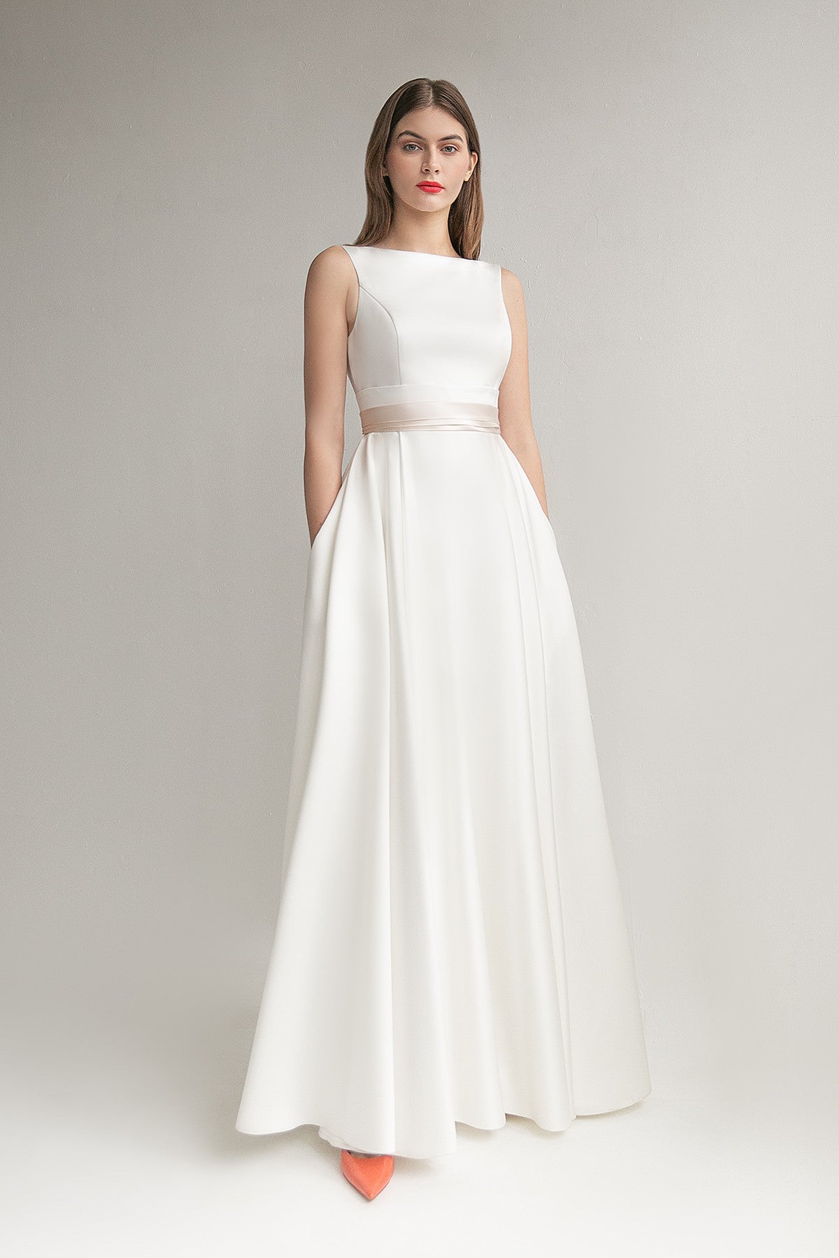 boat neck open back wedding dress Satin Open Back Wedding Dress Goldie with Boat Neckline Custom (Plus Size) / Ivory