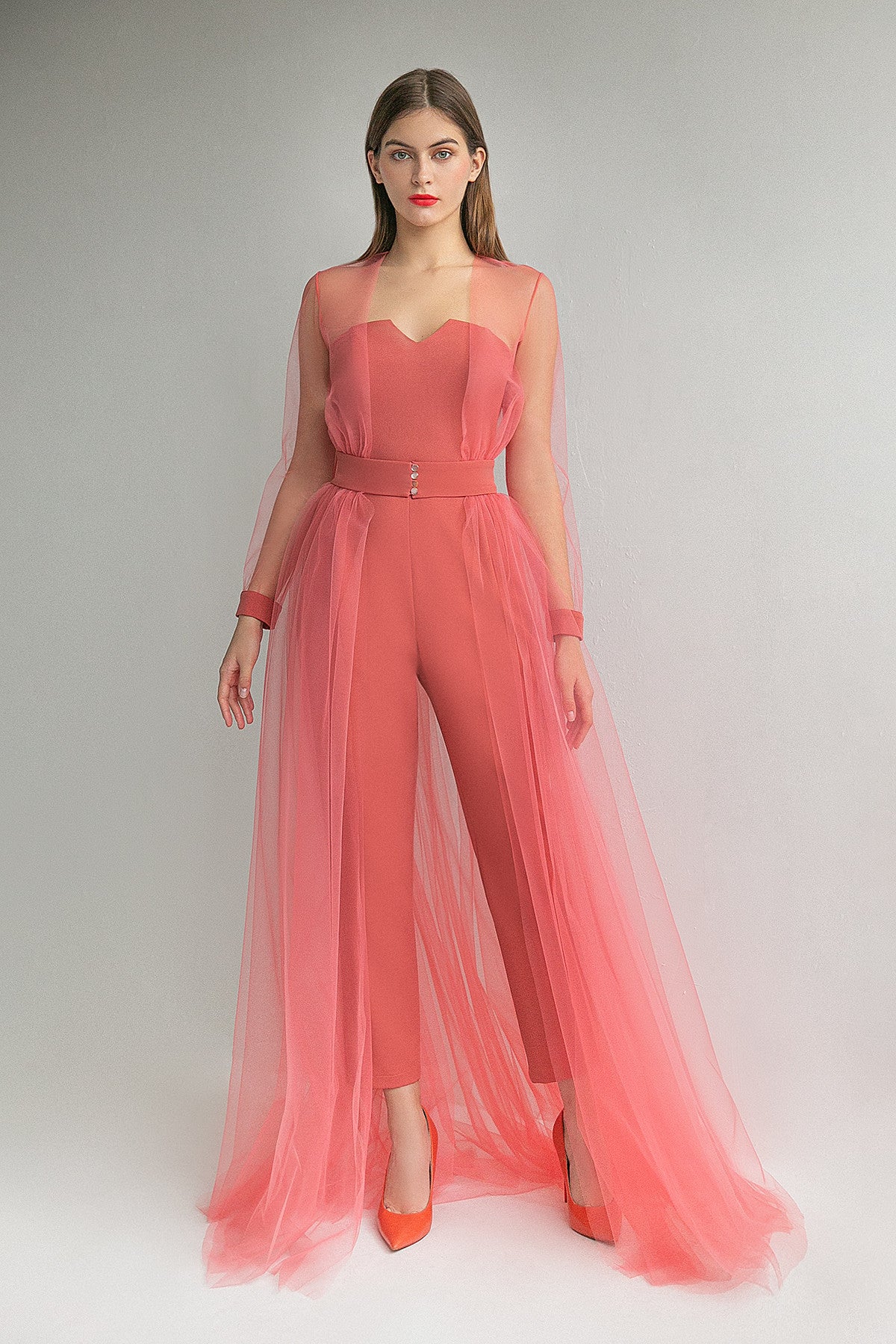 CREPE WEDDING GUEST JUMPSUIT DONNA WITH TULLE COVER UP CREPE WEDDING GUEST JUMPSUIT DONNA WITH TULLE COVER UP