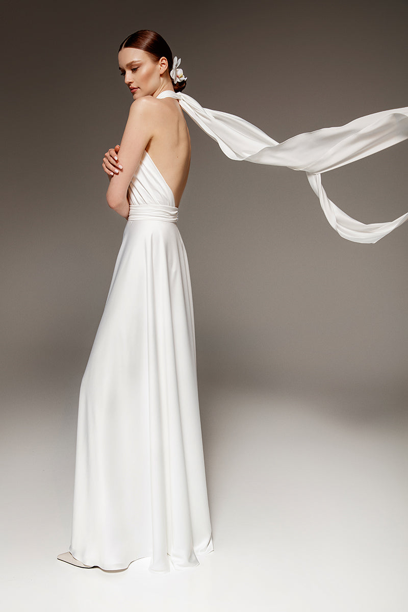 halter reception dress Halter Top Ankle Length Dress. Bridle Backless Ivory Beach Slip Dress. Simple Wedding Open Back. Dress for Reception. Custom Made Dress