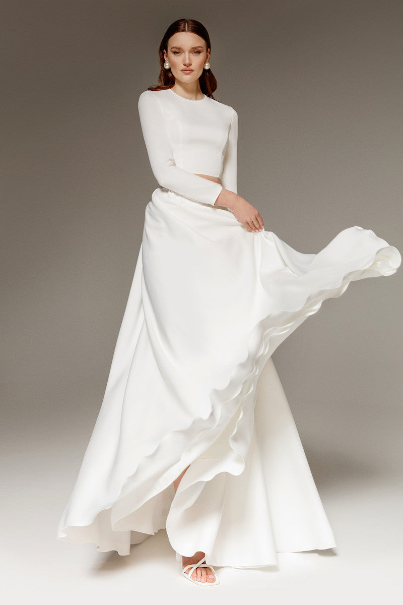 Two-Piece Crepe Wedding Dress With Long Sleeve Debora Made to Order / Ivory / 0 US (32 EU) Two-Piece Crepe Wedding Dress With Long Sleeve Debora Made to Order / Ivory / 0 US (32 EU)