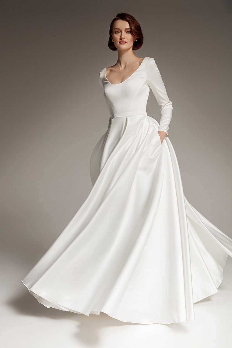 Boat Neck A-line Satin Long Sleeves Wedding Dress in White, White / 8 Boat Neck A-line Satin Long Sleeves Wedding Dress in White, White / 8