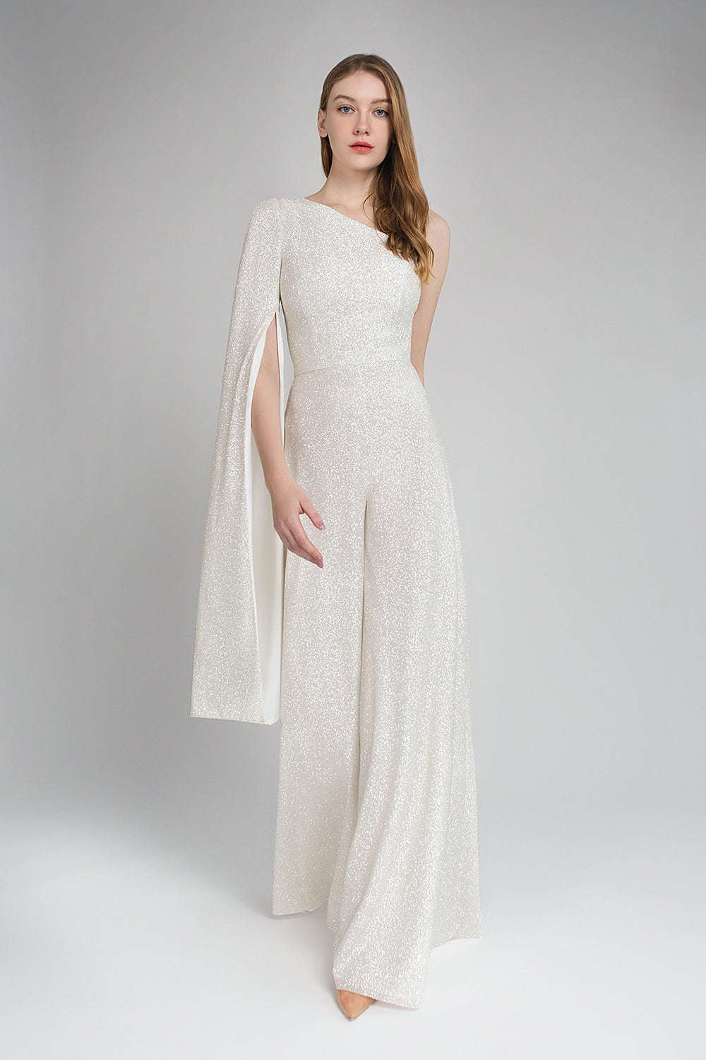 Unona Sparkly Bridal One Shoulder Jumpsuit with Cape Sleeve Siera Custom Plus Size Ivory