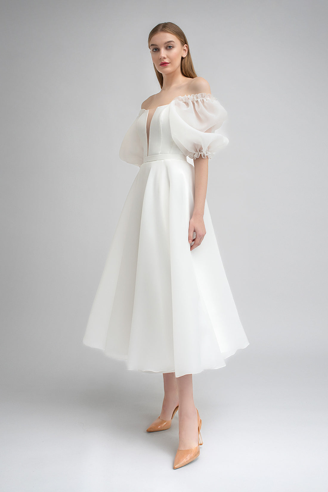 Organza Plunge Neck Midi Wedding Dress Katarina With Puffy Sleeves